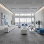 Bright Dubai corporate lobby with marble reception desk and wide-span grey carpet.