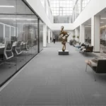 Dubai office interior featuring patterned fireproof carpet and modern architectural details.