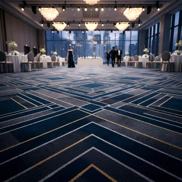 Elegant Dubai ballroom featuring patterned blue fire retardant carpets, crystal chandeliers, and city skyline views.