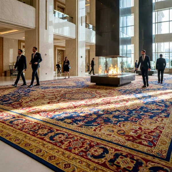 Elegant fireproof oriental carpet in a grand Dubai hotel lobby with a modern glass fireplace.