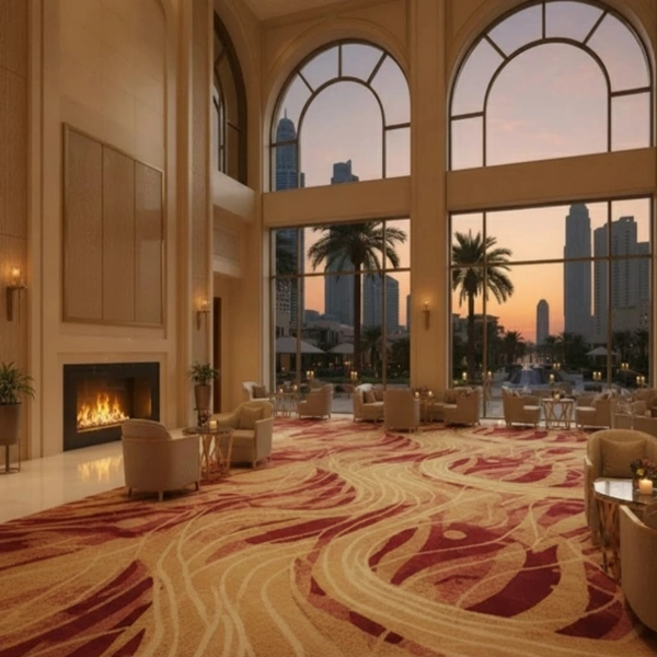 Elegant lobby with sunset views and a large patterned carpet..