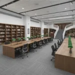 Grey textured carpet tiles in a spacious Dubai library with wooden study tables.