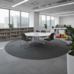 Luxury Dubai gym reception with a wooden desk, grey flooring, and city skyline views.