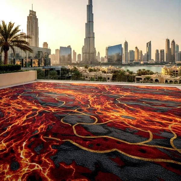 Luxury Dubai hotel interior featuring a classic fireplace, palm trees, and sunset views.