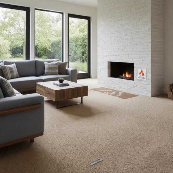 Luxury Dubai living room with plush beige fire retardant carpets, fireplace, and grey seating.