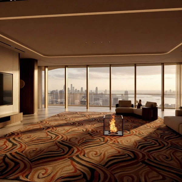 Luxury penthouse with a glass fireplace and sunset city views.