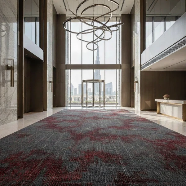 Modern Dubai lobby entrance with a large abstract chandelier and Burj Khalifa view.