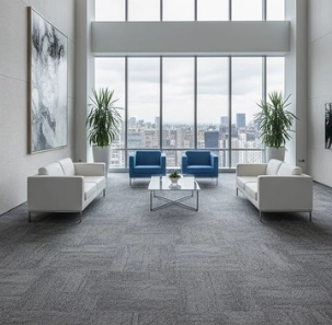 Modern Dubai office lounge featuring blue and white seating on a grey textured carpet.