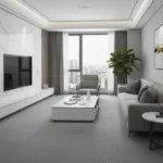 Modern Dubai-style luxury living room with marble TV wall, grey furniture, and city skyline views.
