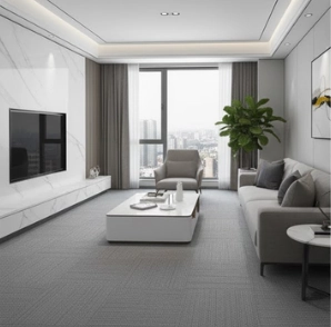 Modern Dubai-style luxury living room with marble TV wall, grey furniture, and city skyline views.