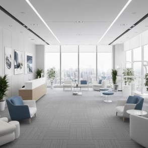 Modern office reception with blue and white seating, wooden desk, and city-view windows.