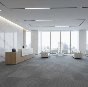 Modern office reception with marble desk, lounge seating, and city view.