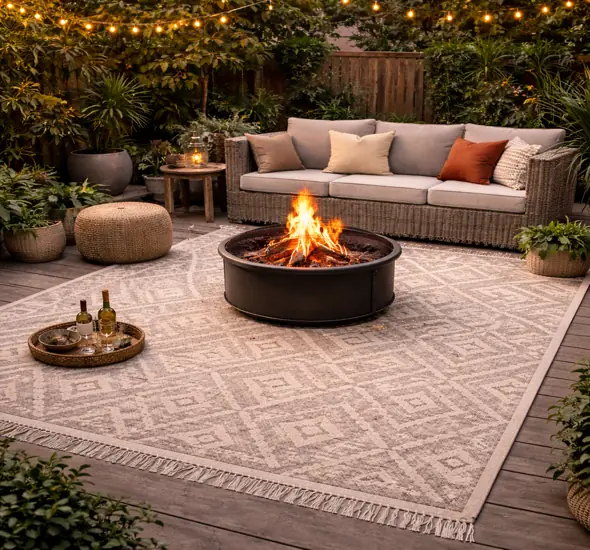 Outdoor fireproof carpet in Dubai patio with modern fire pit and seating.