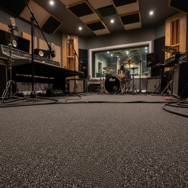 Professional recording studio featuring a drum kit, mixing console, and acoustic treatment panels.
