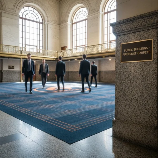 blue plaid fireproof carpet in a grand public building with a sign that reads Public Buildings - Fireproof Carpets