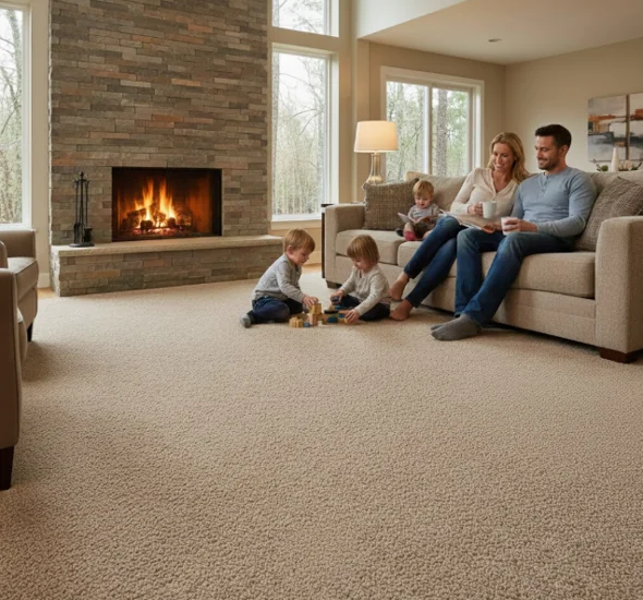 cozy, sunlit living room featuring a warm beige fire-resistant carpet spanning the floor.