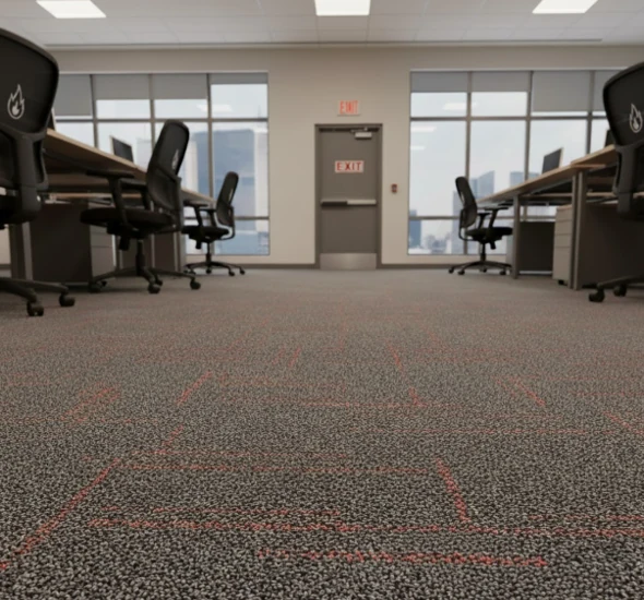 fire-resistant commercial carpet tiles in a modern office with a product tag in the foreground.