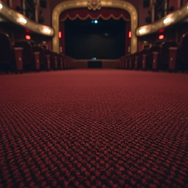 low-angle, wide-shot of an ornate, empty theater interior carpets