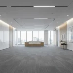 minimalist office lobby with a marble reception desk and floor-to-ceiling windows overlooking a city.