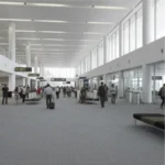 modern airport terminal with travelers, white pillars, large windows, and directional signs.