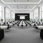 modern banquet hall with round tables, black chairs, floor-to-ceiling windows, and a stage with a projection screen.