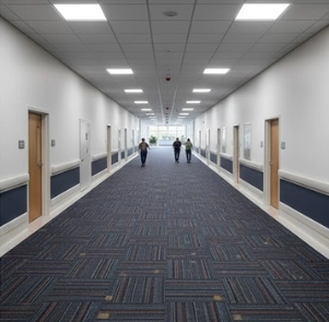 modern building corridor in Dubai with blue patterned carpet and people walking toward a bright window.