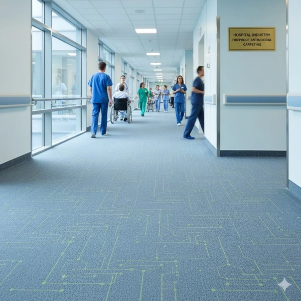 modern hospital hallway with high-quality fireproof carpeting in a soothing neutral gray and teal pattern.