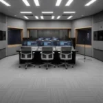 modern recording studio control room with a large digital mixing console, three chairs, and integrated wall speakers.