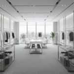 showroom featuring fireproof textured grey carpeting and sleek metallic clothing racks.